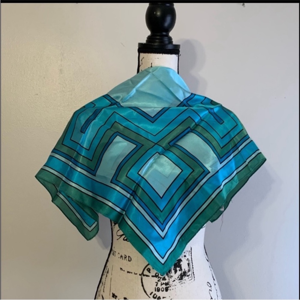 Vintage Paris Neckwear Silk Geometric Patterned Green and Blue Scarf